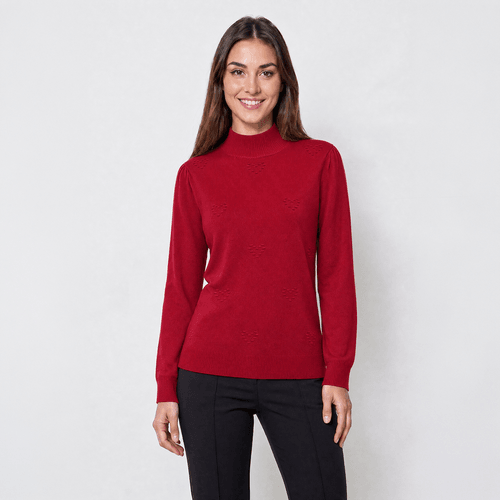 Womens Retrology Mock Neck Solid Textured Heart Sweater